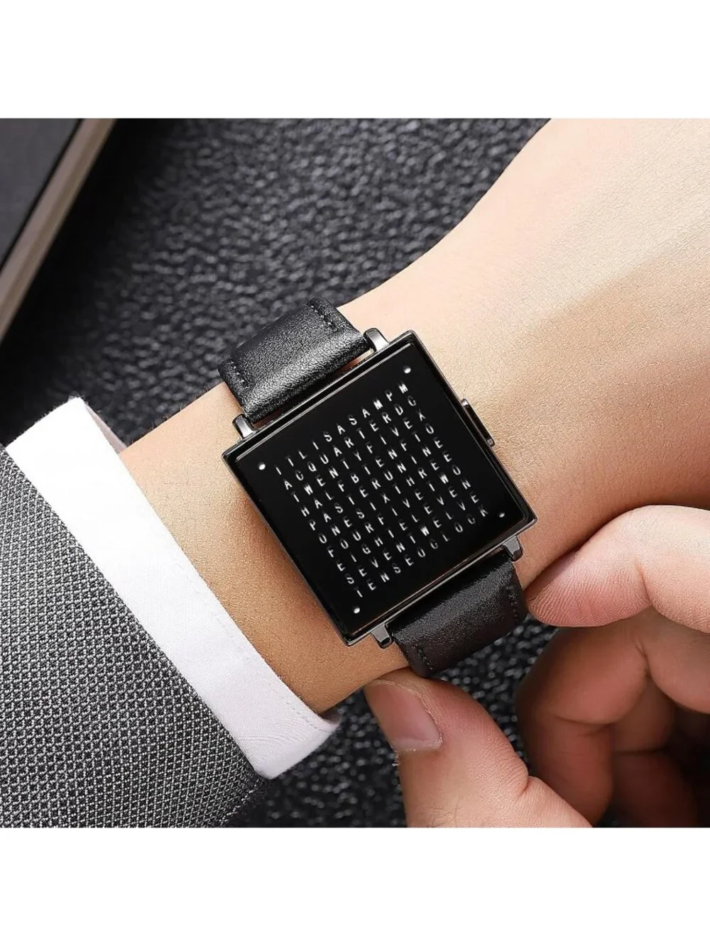 Men's All Black Analog Leather Multifunctional Waterproof Square Wrist Watch